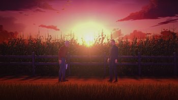 Movie still from “Babylon 5: The Road Home” (2023), directed by Matt Peters – Two men standing in front of a fence at sunset; Extreme Wide shot, Low angle
