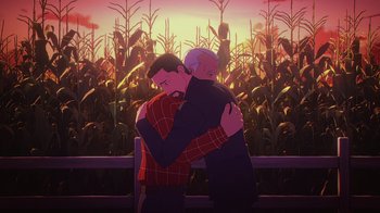 Movie still from “Babylon 5: The Road Home” (2023), directed by Matt Peters – Two men are hugging in front of a corn field; Medium shot, Low angle