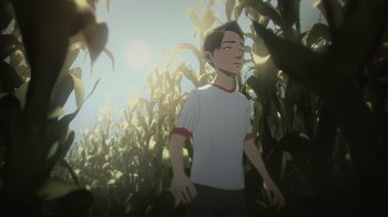 Movie still from “Babylon 5: The Road Home” (2023), directed by Matt Peters – A man standing next to a field of corn; Medium shot, High angle