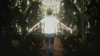 Movie still from “Babylon 5: The Road Home” (2023), directed by Matt Peters – A man walking through a field of plants; Wide shot, High angle