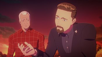 Movie still from “Babylon 5: The Road Home” (2023), directed by Matt Peters – Two men sitting next to each other in front of a sunset; Medium shot, Over the shoulder angle