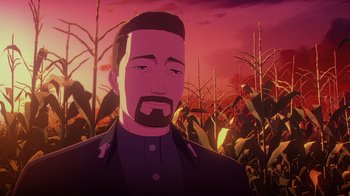 Movie still from “Babylon 5: The Road Home” (2023), directed by Matt Peters – An animated picture of a man in a field of corn; Close Up shot, Over the shoulder angle