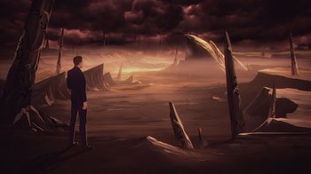 Movie still from “Babylon 5: The Road Home” (2023), directed by Matt Peters – A man standing in front of a body of water; Extreme Wide shot, High angle