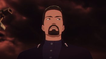 Movie still from “Babylon 5: The Road Home” (2023), directed by Matt Peters – An animated picture of a man with a beard; Close Up shot, Low angle