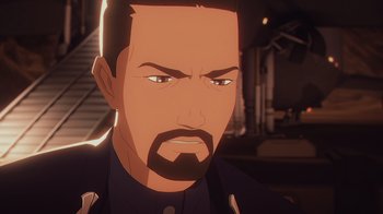 Movie still from “Babylon 5: The Road Home” (2023), directed by Matt Peters – An animated picture of a man with a beard; Close Up shot, High angle