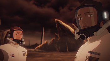 Movie still from “Babylon 5: The Road Home” (2023), directed by Matt Peters – Two people in a space suit standing in front of an alien landscape; Medium shot, Over the shoulder angle