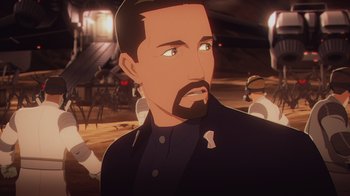 Movie still from “Babylon 5: The Road Home” (2023), directed by Matt Peters – Close Up shot, Over the shoulder angle