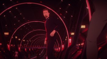 Movie still from “Babylon 5: The Road Home” (2023), directed by Matt Peters – An animated man is standing in an underground tunnel; Medium shot, High angle