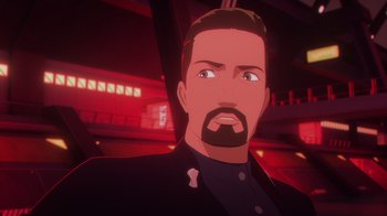 Movie still from “Babylon 5: The Road Home” (2023), directed by Matt Peters – A man with a beard is looking into the distance; Close Up shot, High angle