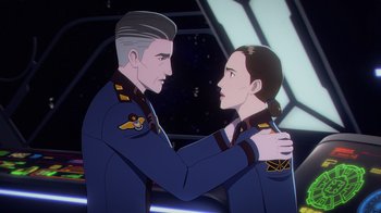 Movie still from “Babylon 5: The Road Home” (2023), directed by Matt Peters – A couple of people that are in a cartoon style; Medium shot, Overhead angle