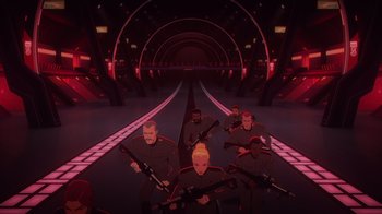 Movie still from “Babylon 5: The Road Home” (2023), directed by Matt Peters – A group of men are standing in a tunnel holding guns; Extreme Wide shot, High angle