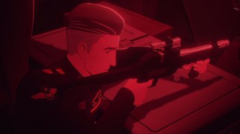 Movie still from “Babylon 5: The Road Home” (2023), directed by Matt Peters – A man is holding a rifle in a room; Close Up shot, Over the shoulder angle