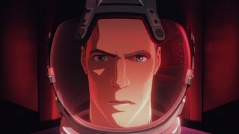 Movie still from “Babylon 5: The Road Home” (2023), directed by Matt Peters – An illustration of a man in a space helmet; Close Up shot, Overhead angle