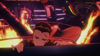 Movie still from “Babylon 5: The Road Home” (2023), directed by Matt Peters – An animated man in a car in front of neon lights; Close Up shot, High angle