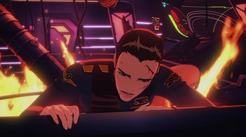 Movie still from “Babylon 5: The Road Home” (2023), directed by Matt Peters – An animated man is looking over a ledge; Close Up shot, High angle