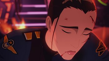 Movie still from “Babylon 5: The Road Home” (2023), directed by Matt Peters – An animated person is looking down at the ground; Close Up shot, High angle