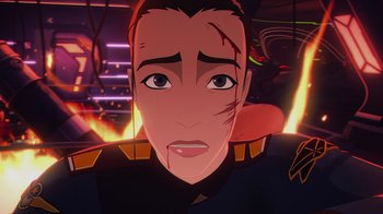 Movie still from “Babylon 5: The Road Home” (2023), directed by Matt Peters – An animated man is looking into the camera; Close Up shot, Overhead angle