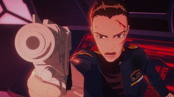 Movie still from “Babylon 5: The Road Home” (2023), directed by Matt Peters – An image of an animated woman with a gun in her hand; Close Up shot, Overhead angle