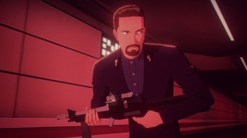 Movie still from “Babylon 5: The Road Home” (2023), directed by Matt Peters – A man holding a rifle in a room; Medium shot, Low angle