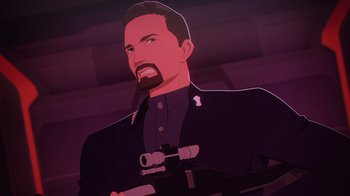 Movie still from “Babylon 5: The Road Home” (2023), directed by Matt Peters – An animated picture of a man with a gun; Close Up shot, Low angle