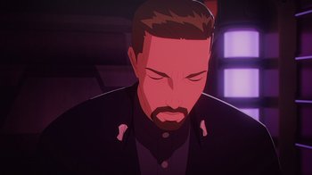 Movie still from “Babylon 5: The Road Home” (2023), directed by Matt Peters – Close Up shot, Low angle