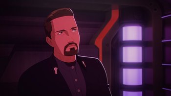 Movie still from “Babylon 5: The Road Home” (2023), directed by Matt Peters – Close Up shot, Over the shoulder angle