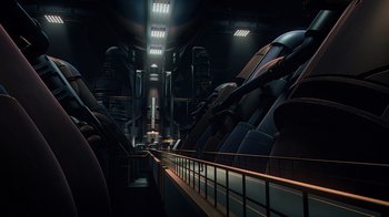 Movie still from “Babylon 5: The Road Home” (2023), directed by Matt Peters – An image of an empty train station at night time; Extreme Wide shot, Overhead angle