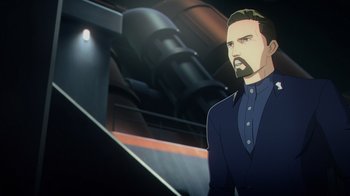 Movie still from “Babylon 5: The Road Home” (2023), directed by Matt Peters – An animated picture of a man with a beard; Medium shot, High angle