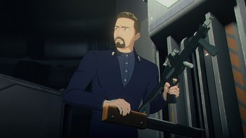 Movie still from “Babylon 5: The Road Home” (2023), directed by Matt Peters – An animated picture of a man holding a wrench; Medium shot, Low angle