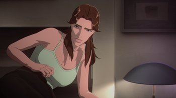Movie still from “Babylon 5: The Road Home” (2023), directed by Matt Peters – An animated woman in a white tank top is looking at the camera; Medium shot, High angle