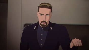 Movie still from “Babylon 5: The Road Home” (2023), directed by Matt Peters – An animated picture of a man with a beard and mustache; Close Up shot, High angle