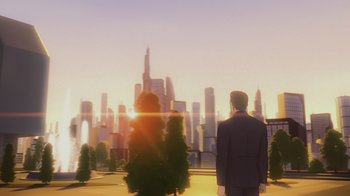 Movie still from “Babylon 5: The Road Home” (2023), directed by Matt Peters – A man standing in front of a city skyline; Extreme Wide shot, Low angle