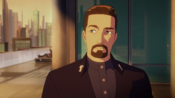 Movie still from “Babylon 5: The Road Home” (2023), directed by Matt Peters – An animated picture of a man with a beard; Close Up shot, Over the shoulder angle