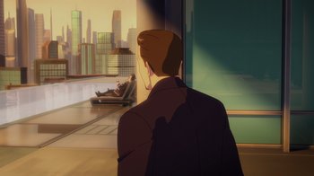 Movie still from “Babylon 5: The Road Home” (2023), directed by Matt Peters – A man standing in front of a window with a view of a city; Wide shot, Over the shoulder angle