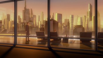 Movie still from “Babylon 5: The Road Home” (2023), directed by Matt Peters – Two people are standing in a room looking out of a window; Extreme Wide shot, Over the shoulder angle