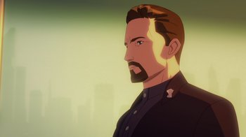 Movie still from “Babylon 5: The Road Home” (2023), directed by Matt Peters – An animated picture of a man with a beard; Close Up shot, Low angle