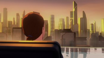Movie still from “Babylon 5: The Road Home” (2023), directed by Matt Peters – A man sitting in a chair looking out at a city skyline; Extreme Wide shot, Over the shoulder angle