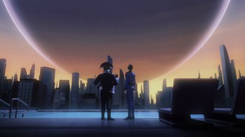Movie still from “Babylon 5: The Road Home” (2023), directed by Matt Peters – Two people are standing in front of a city skyline at sunset; Extreme Wide shot, Low angle