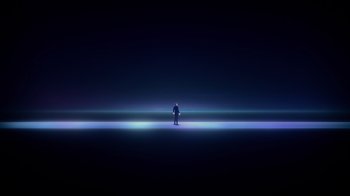 Movie still from “Babylon 5: The Road Home” (2023), directed by Matt Peters – A man standing in a dark room at night; Extreme Wide shot, Low angle