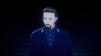 Movie still from “Babylon 5: The Road Home” (2023), directed by Matt Peters – A man with a beard is standing in the dark; Close Up shot, High angle