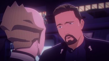 Movie still from “Babylon 5: The Road Home” (2023), directed by Matt Peters – An animated scene of a man looking at another man; Close Up shot, Over the shoulder angle