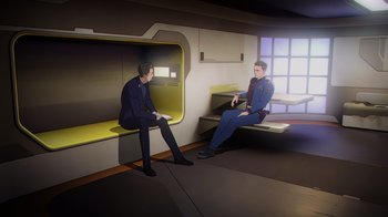 Movie still from “Babylon 5: The Road Home” (2023), directed by Matt Peters – Wide shot, High angle