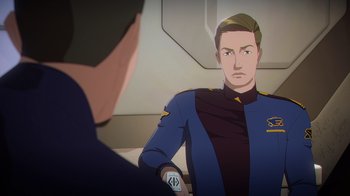 Movie still from “Babylon 5: The Road Home” (2023), directed by Matt Peters – Medium shot, Over the shoulder angle