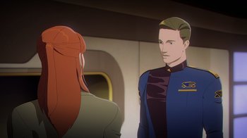 Movie still from “Babylon 5: The Road Home” (2023), directed by Matt Peters – Medium shot, Over the shoulder angle