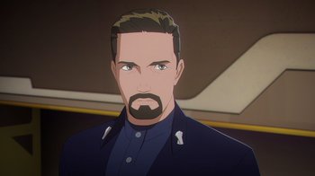 Movie still from “Babylon 5: The Road Home” (2023), directed by Matt Peters – An animated picture of a man with a beard and mustache; Close Up shot, High angle