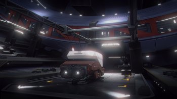 Movie still from “Babylon 5: The Road Home” (2023), directed by Matt Peters – An image of a vehicle in the middle of a space station; Extreme Wide shot, High angle