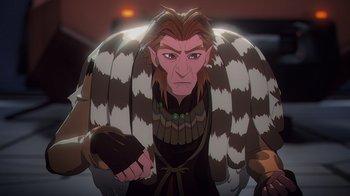 Movie still from “Babylon 5: The Road Home” (2023), directed by Matt Peters – An image of an animated character in a movie; Medium shot, Over the shoulder angle