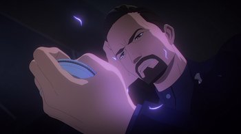 Movie still from “Babylon 5: The Road Home” (2023), directed by Matt Peters – An animated picture of a man holding something in his hand; Close Up shot, Overhead angle