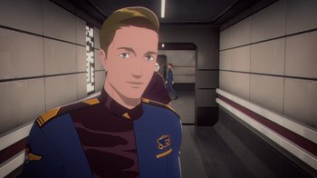 Movie still from “Babylon 5: The Road Home” (2023), directed by Matt Peters – Medium shot, High angle