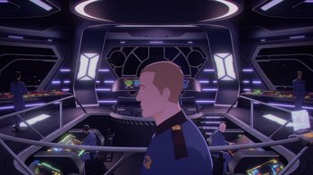 Movie still from “Babylon 5: The Road Home” (2023), directed by Matt Peters – A man in a blue uniform in front of a stage; Medium shot, High angle